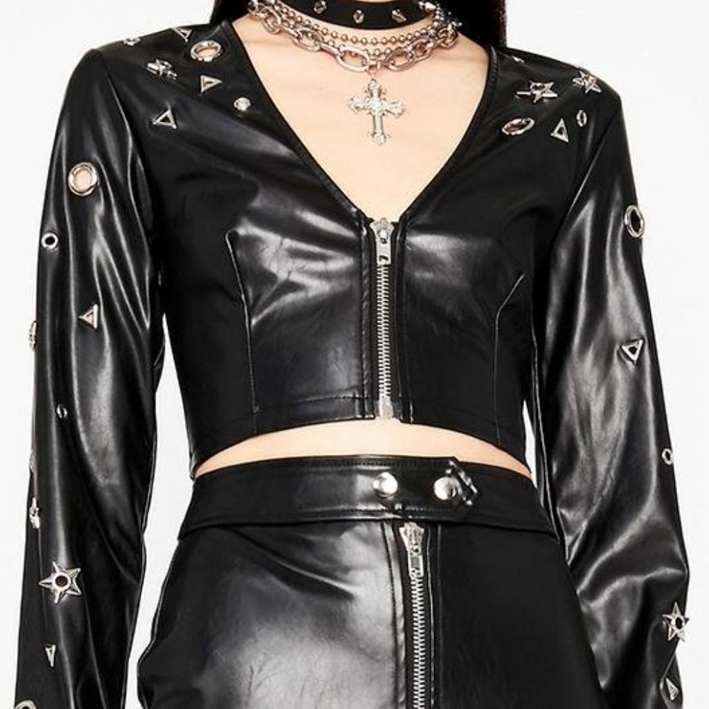🎃Dolls Kill Star Matrix Vegan Leather Top Black L